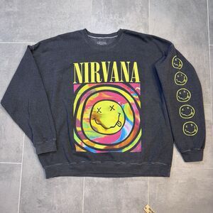 Nirvana Men’s Oversized Smiley Face Sweatshirt Charcoal Color Long Sleeve L/ XL